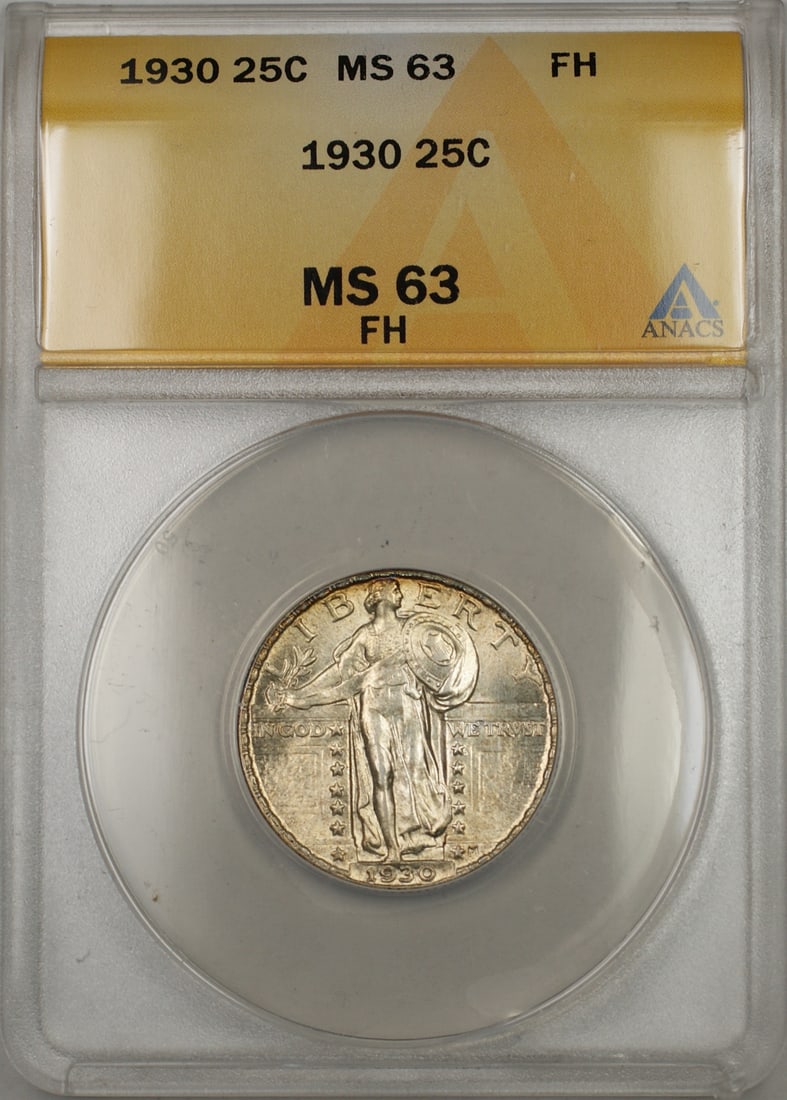 1930 Silver Standing Liberty Quarter Coin ANACS MS 63 Uncirculated: 1930 Silver Standing Liberty Quarter Coin ANACS MS 63 Uncirculated This 1930 Silver Standing Liberty Quarter Coin is certified by ANACS with a grade of MS 63, showcasing a Full Head. Minted in Philade