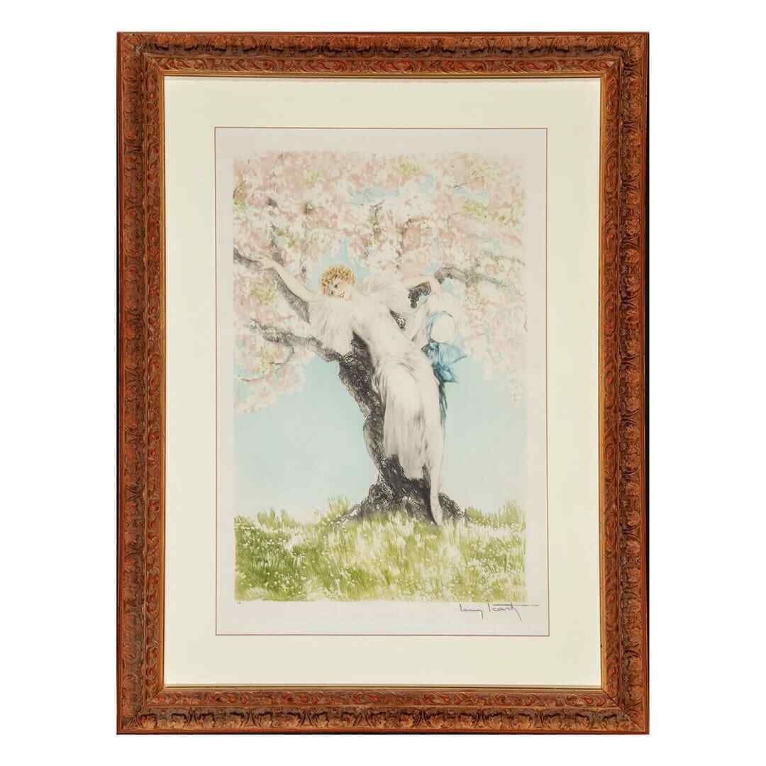 1932 Louis Icart Spring Blossoms Etching Art Deco Signed Original: 1932 Louis Icart Spring Blossoms Etching Art Deco Signed Original Presenting a stunning etching by renowned artist Louis Icart, titled "Spring Blossoms," created in 1932. This original piece captures