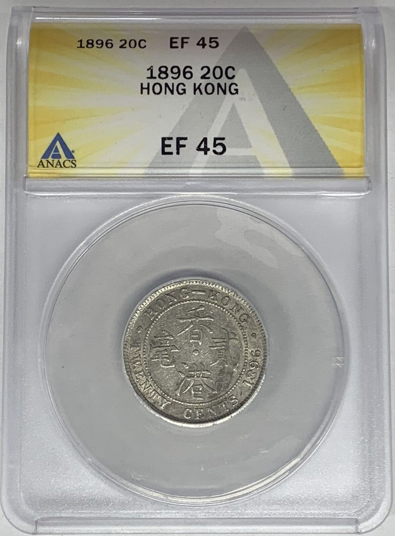 1896 Hong Kong 20 Cent Coin ANACS XF 45 Certified: 1896 Hong Kong 20 Cent Coin ANACS XF 45 Certified This 1896 Twenty Cent Coin from Hong Kong is a remarkable numismatic piece, featuring a denomination of 20 cents. Graded as XF 45 by ANACS, this coin
