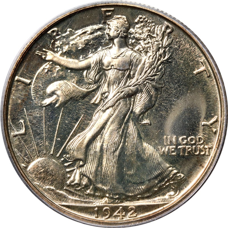 1942 Walking Liberty Half Dollar PCGS PR64 Silver Superb Eye Appeal: 1942 Walking Liberty Half Dollar PCGS PR64 Silver Superb Eye Appeal This stunning 1942 Walking Liberty Half showcases superb eye appeal, boasting fantastic luster and a strong strike. Its great mirror