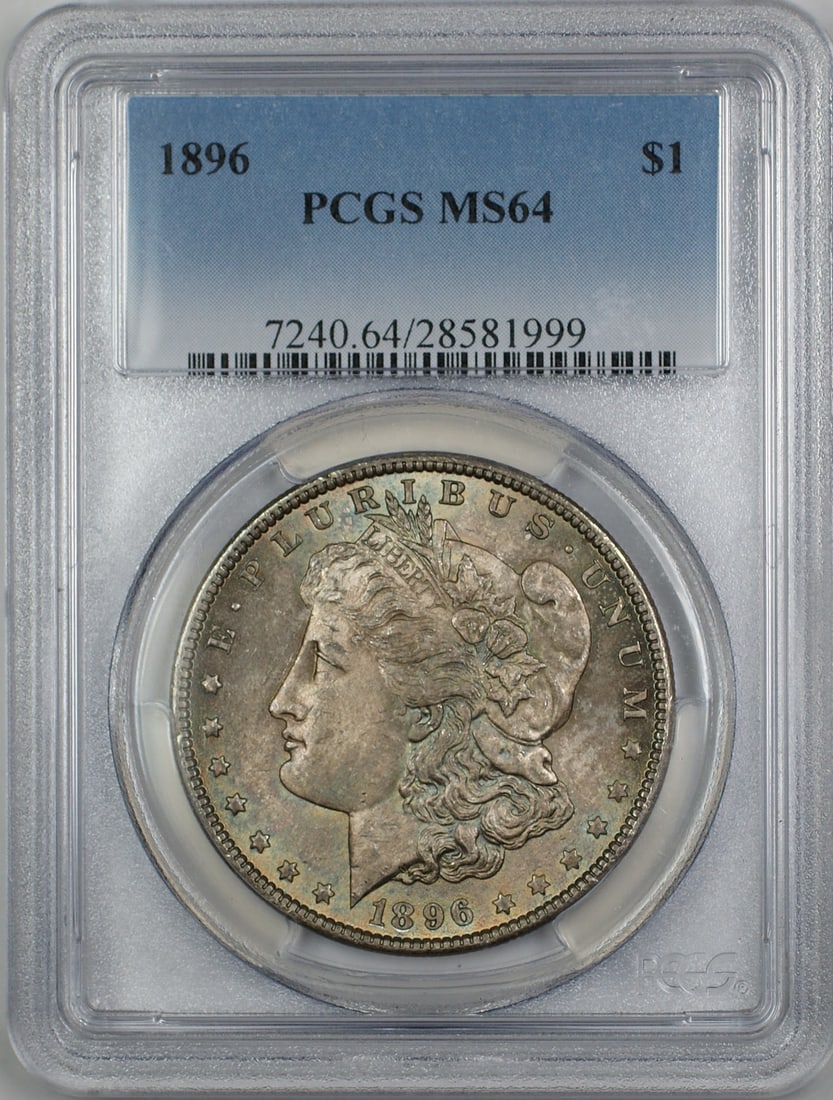 1896 Morgan Silver Dollar PCGS MS 64 Toned Silver Coin: 1896 Morgan Silver Dollar PCGS MS 64 Toned Silver Coin This stunning 1896 Morgan Silver Dollar coin, certified by PCGS with a grade of MS 64, is a remarkable addition to any numismatic collection. Str