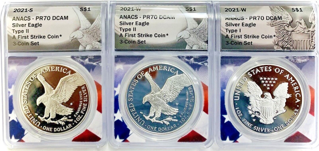 2021 Proof American Silver Eagle Type 1 & 2 ANACS PR 70 Three Coin Set (1 of 2)