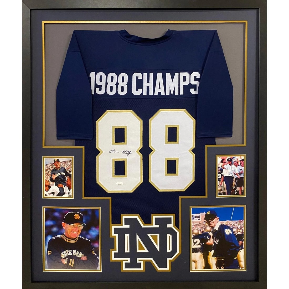 Lou Holtz Signed Notre Dame Framed Jersey JSA Authenticated: Lou Holtz Signed Notre Dame Framed Jersey JSA Authenticated This is an autographed framed jersey of Lou Holtz, showcasing his affiliation with Notre Dame. The jersey is authenticated by JSA, ensuring