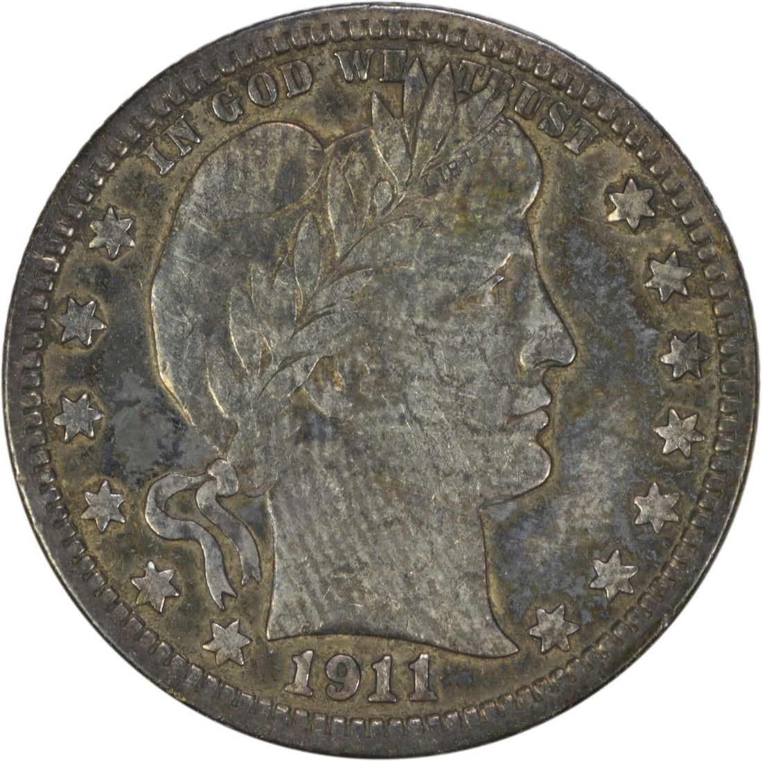 VF Grade 1911 Denver Barber Quarter 90 Percent Silver Uncertified: VF Grade 1911 Denver Barber Quarter 90 Percent Silver Uncertified This 1911-D Barber Silver Quarter is a circulated coin from the United States, designed by Charles E. Barber and minted in Denver. It