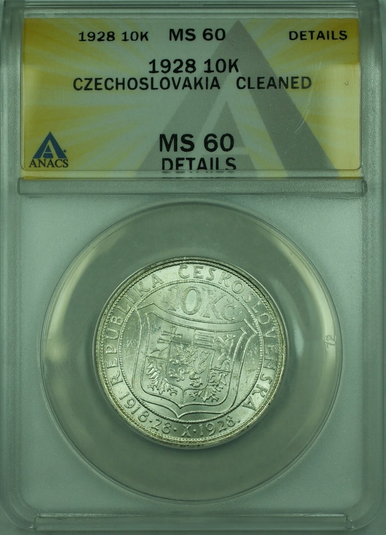 1928 Czechoslovakia 10 Korun Silver Coin ANACS MS-60 Uncirculated (1 of 2)