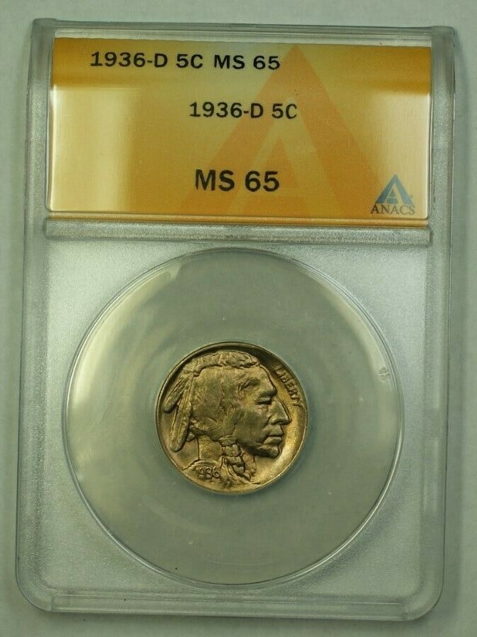 1936-D Buffalo Nickel 5c ANACS MS-65 Uncirculated Denver Mint: 1936-D Buffalo Nickel 5c ANACS MS-65 Uncirculated Denver Mint This 1936-D Buffalo Nickel is a remarkable piece of American numismatic history. Graded MS-65 by ANACS, this uncirculated coin showcases t