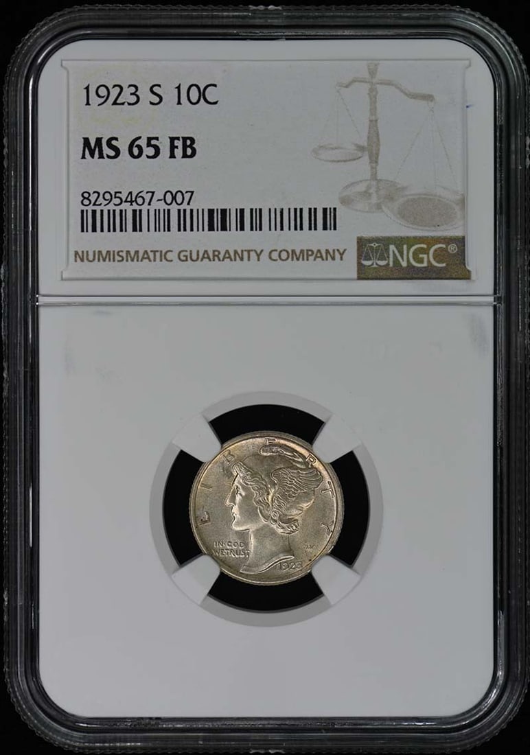 1923-S Mercury Dime NGC MS65FB Uncirculated San Francisco Coin: 1923-S Mercury Dime NGC MS65FB Uncirculated San Francisco Coin This 1923-S Mercury Dime is a stunning piece of numismatic history, graded MS65 by NGC, which signifies its exceptional quality and uncir