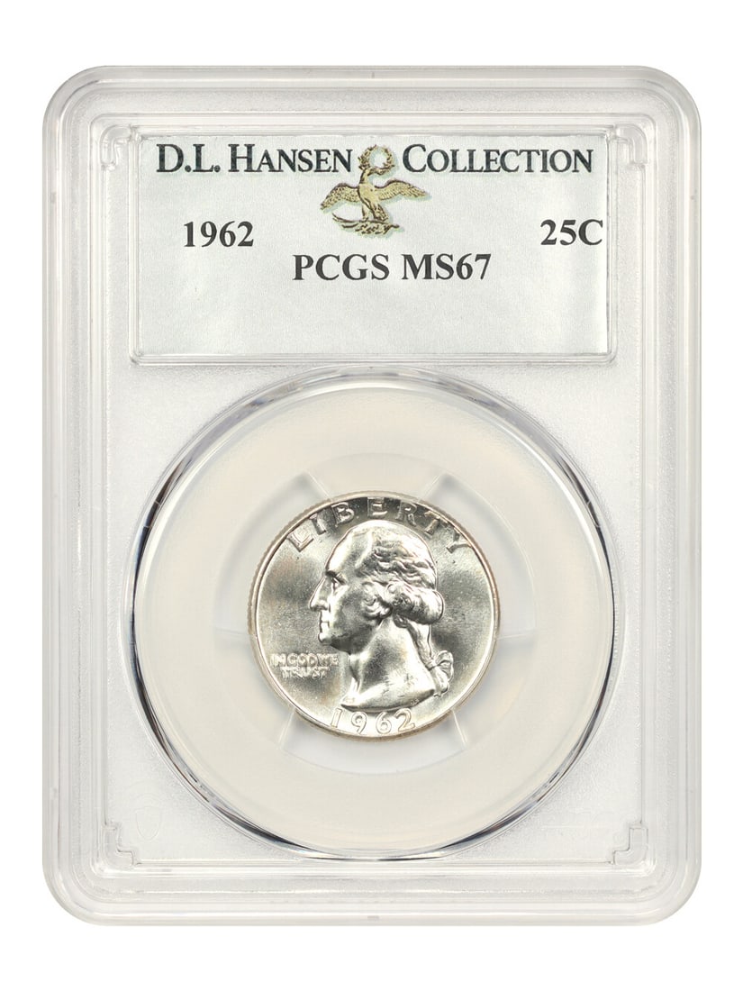 1962 Washington Quarter 25C PCGS MS67 D.L. Hansen Ex: 1962 Washington Quarter 25C PCGS MS67 D.L. Hansen Ex This remarkable 1962 Washington Quarter, graded MS67 by PCGS, showcases exceptional quality and detail, making it a standout piece for collectors.