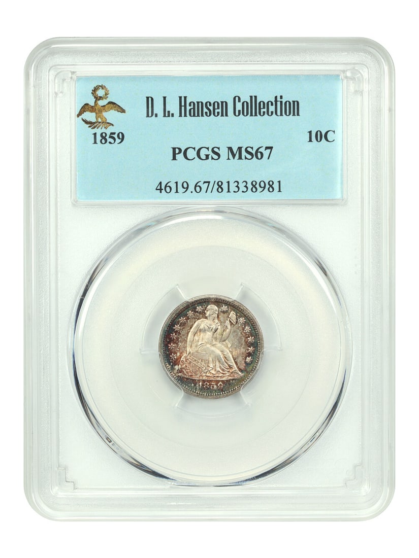 1859 PCGS MS67 Liberty Seated Dime 10C Ex D.L. Hansen: 1859 PCGS MS67 Liberty Seated Dime 10C Ex D.L. Hansen This stunning 1859 Liberty Seated Dime is certified by PCGS with a grade of MS67, making it an exceptional addition for serious collectors. As the