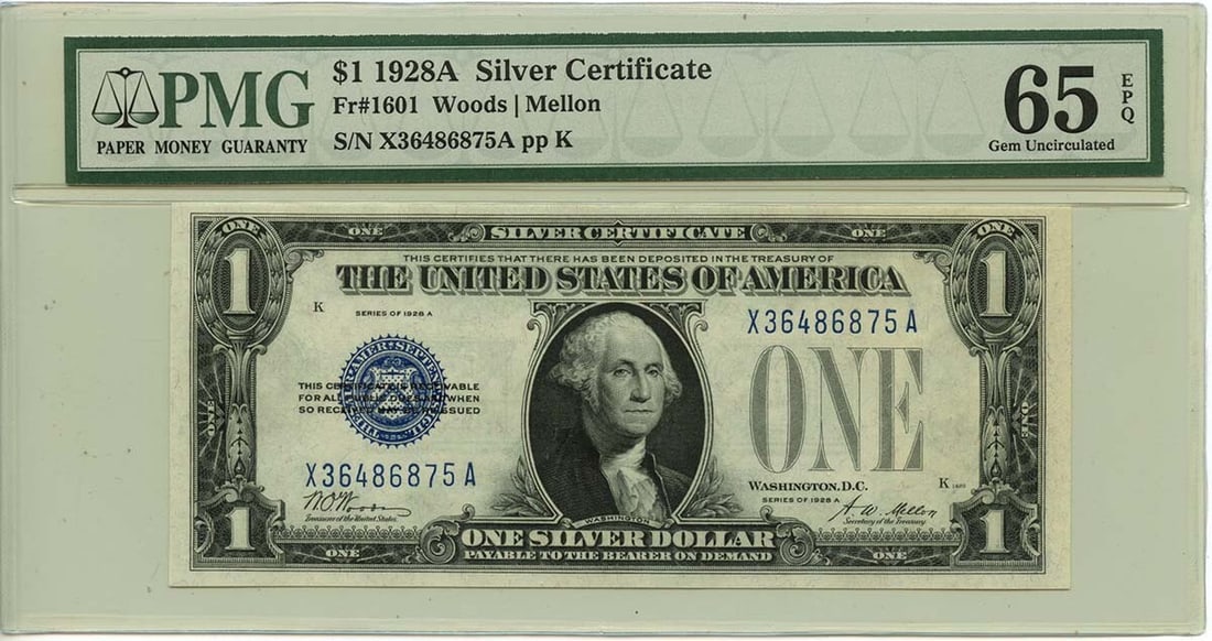1928A $1 Silver Certificate Fr# 1601 PMG Gem65 EPQ Note (1 of 2)