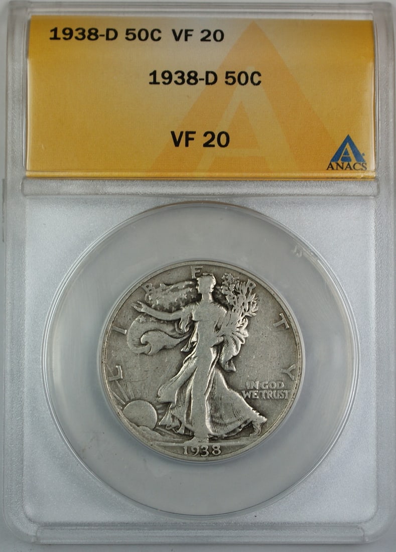 1938-D Walking Liberty Half Dollar ANACS VF-20 Silver Coin: 1938-D Walking Liberty Half Dollar ANACS VF-20 Silver Coin This 1938-D Walking Liberty Silver Half Dollar showcases the iconic Liberty Walking design, minted in Denver. Certified by ANACS with a grade