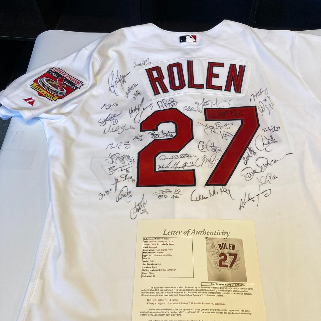 2005 St. Louis Cardinals Team Signed Jersey with Pujols Rolen JSA COA: 2005 St. Louis Cardinals Team Signed Jersey with Pujols Rolen JSA COA This is a unique 2005 St. Louis Cardinals game jersey issued to Scott Rolen and signed by the entire team, including notable playe
