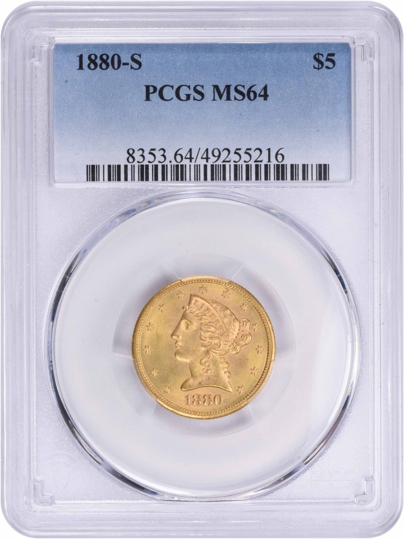 1880-S $5 Gold Liberty Head Coin MS64 PCGS Uncirculated: 1880-S $5 Gold Liberty Head Coin MS64 PCGS Uncirculated This 1880-S $5 Gold Liberty Head coin, graded MS64 by PCGS, showcases exceptional quality and detail. Struck in San Francisco, this uncirculated