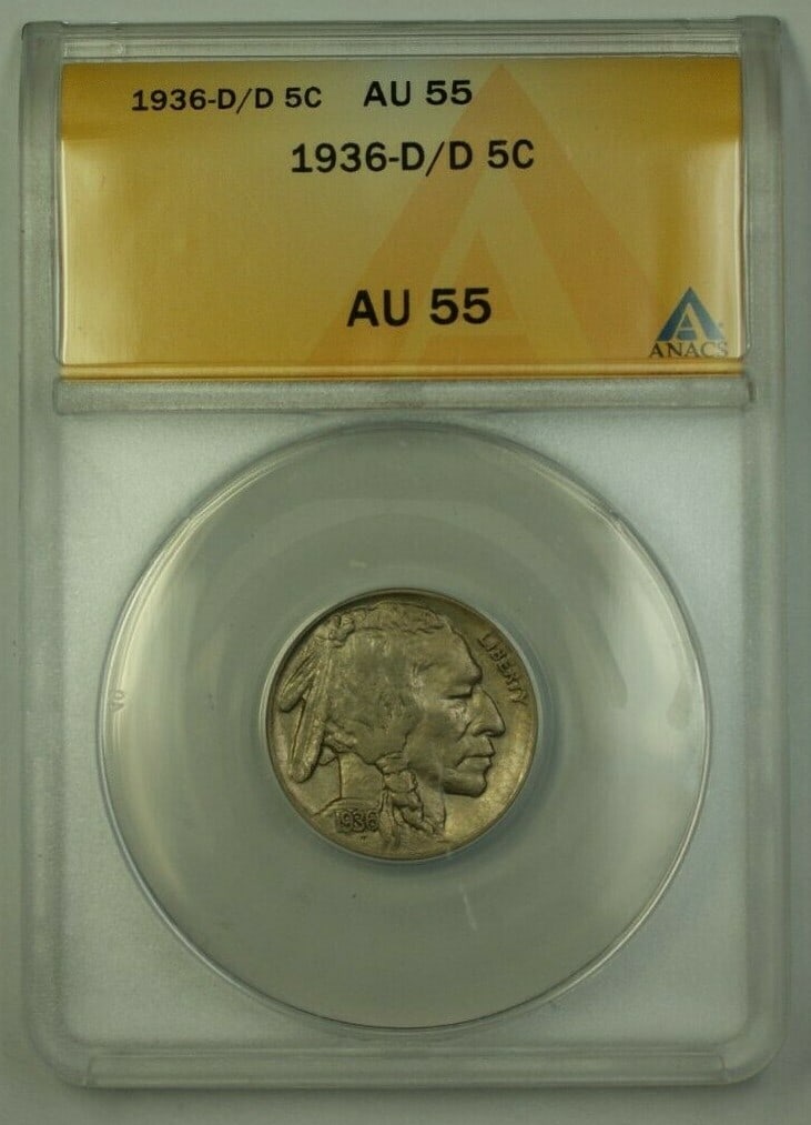 1936-D/D Buffalo Nickel 5c Coin Certified ANACS AU 55: 1936-D/D Buffalo Nickel 5c Coin Certified ANACS AU 55 This 1936-D/D US Buffalo Nickel is a stunning piece certified by ANACS with a grade of AU 55. Struck in Denver, this uncirculated nickel showcases