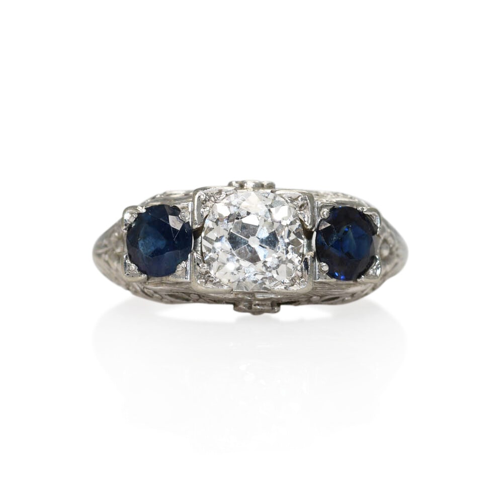 18K White Gold Art Deco Diamond Sapphire Ring 1.05ct VS H-I-J (1 of 9)