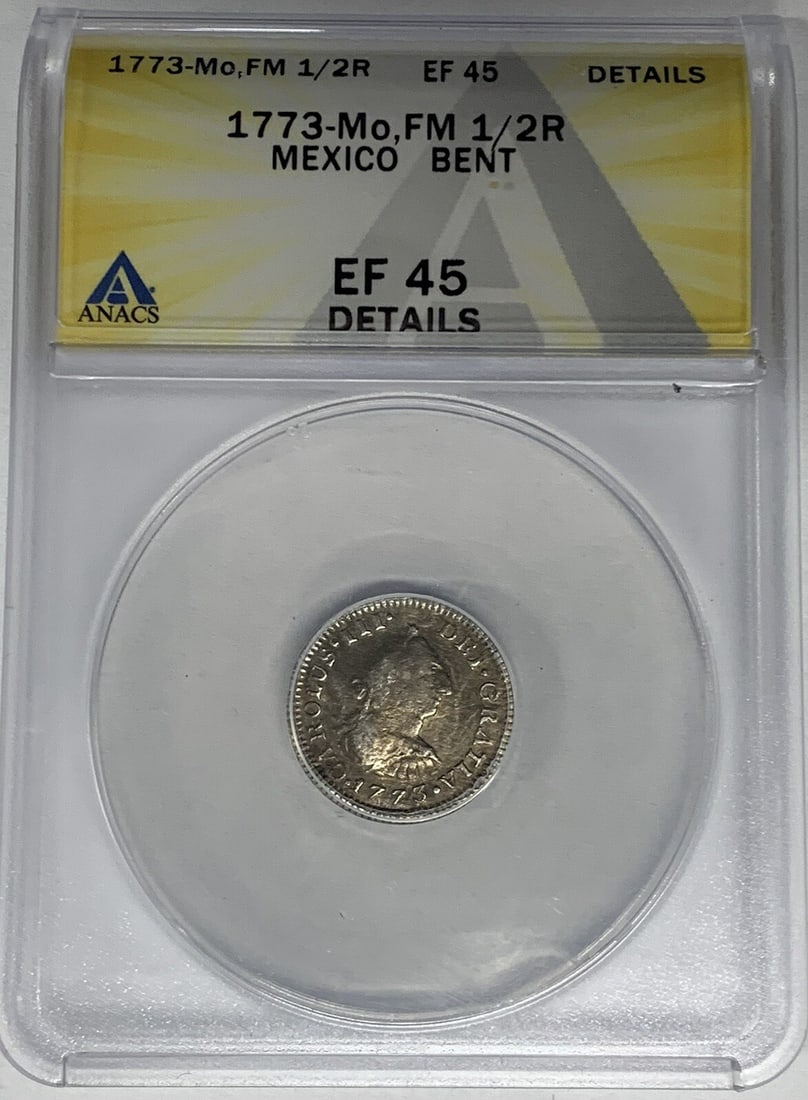 1773 Mexico 1/2 Real Silver Coin ANACS XF 45 Colonial: 1773 Mexico 1/2 Real Silver Coin ANACS XF 45 Colonial This 1773-Mo, FM Mexico 1/2 Real coin is a remarkable piece from the Colonial period, which spanned until 1821. Made of silver, this coin has been