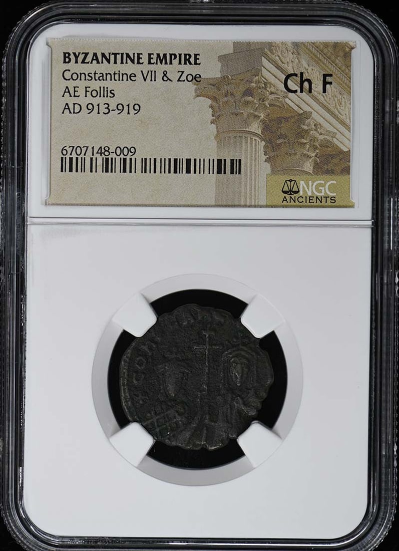 Constantine VII Zoe Byzantine Empire AE Follis NGC Certified Coin: Constantine VII Zoe Byzantine Empire AE Follis NGC Certified Coin This is a certified AE Follis from the Byzantine Empire, featuring the emperors Constantine VII and Zoe. The coin is graded by NGC and