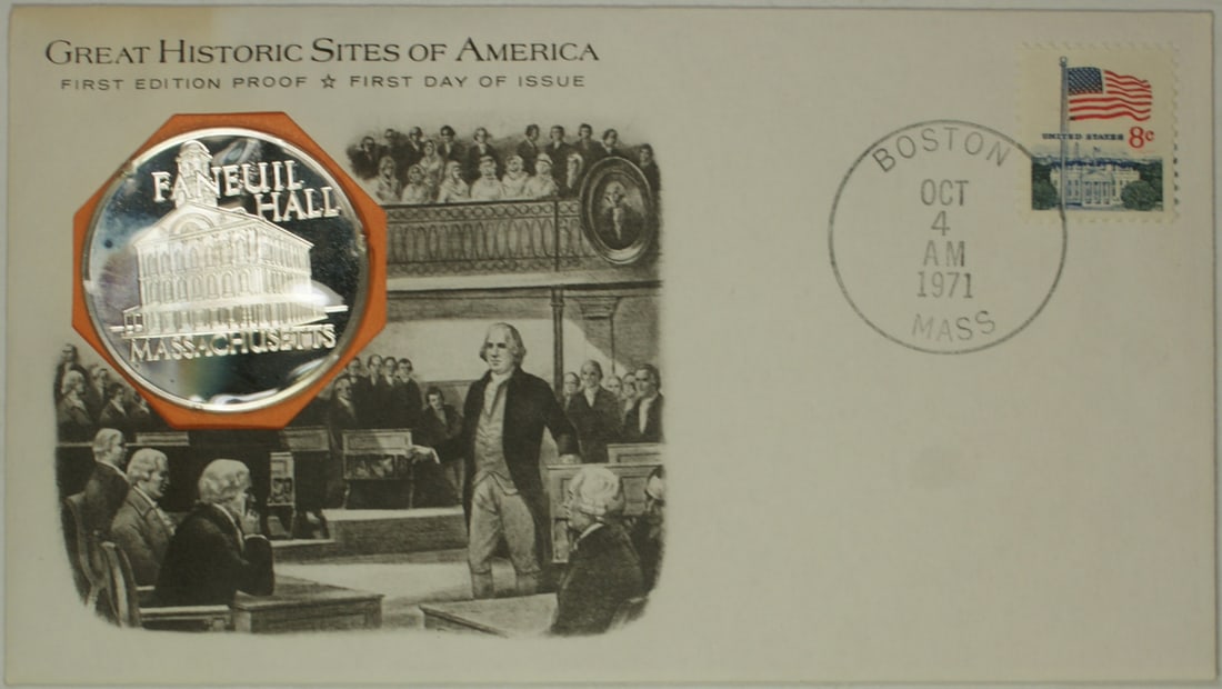 1971 Boston Historic Site Medal Proof Silver First Day Cover: 1971 Boston Historic Site Medal Proof Silver First Day Cover Celebrate a piece of history with this 1971 Boston Massachusetts Great Historic Site Medal, featuring a proof silver design. This uncircula