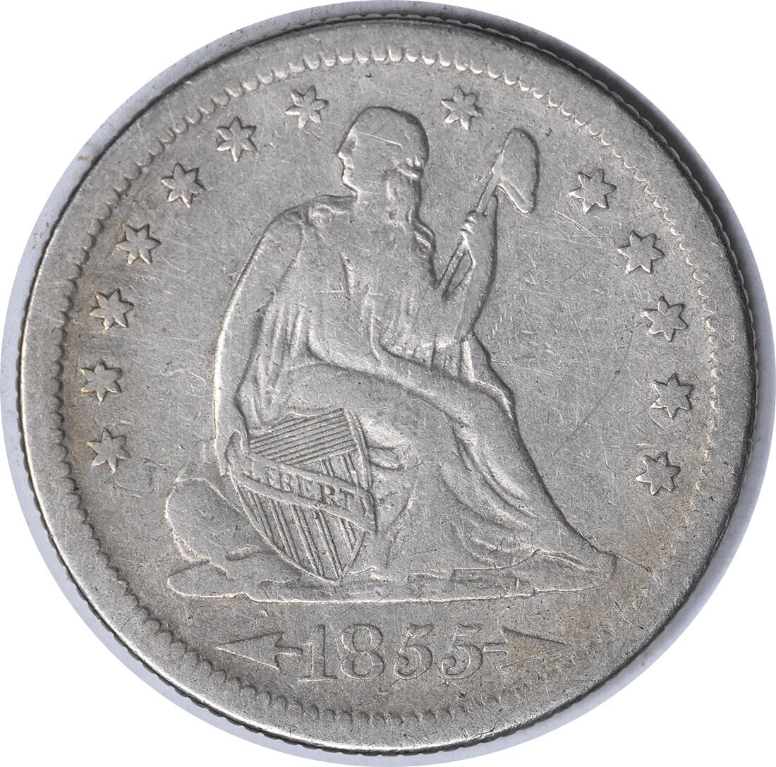 1855-S Liberty Seated Silver Quarter 90% Silver VF Uncertified: 1855-S Liberty Seated Silver Quarter 90% Silver VF Uncertified This 1855-S Liberty Seated Silver Quarter features a classic design by Robert Ball Hughes and Christian Gobrecht, celebrating the artistr