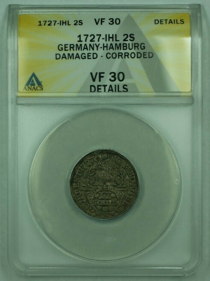 1727 Germany Hamburg 2 Shilling Silver Coin ANACS VF30 (1 of 2)