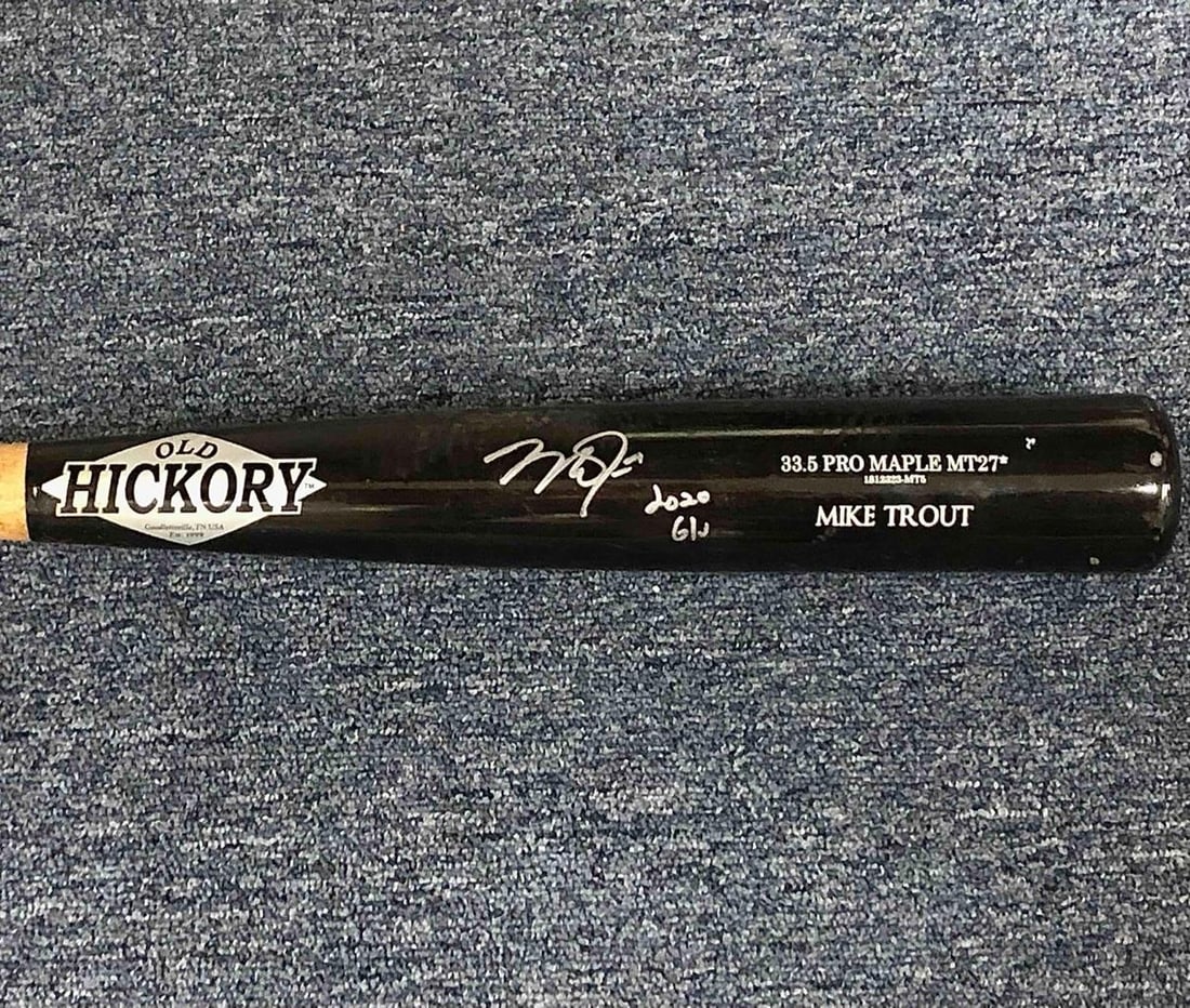 Mike Trout Signed 2020 Game Used Old Hickory Bat Anderson Authentics: Mike Trout Signed 2020 Game Used Old Hickory Bat Anderson Authentics This is a Mike Trout signed, uncracked 2020 game-used Old Hickory bat, authenticated by Anderson Authentics. A must-have collectibl
