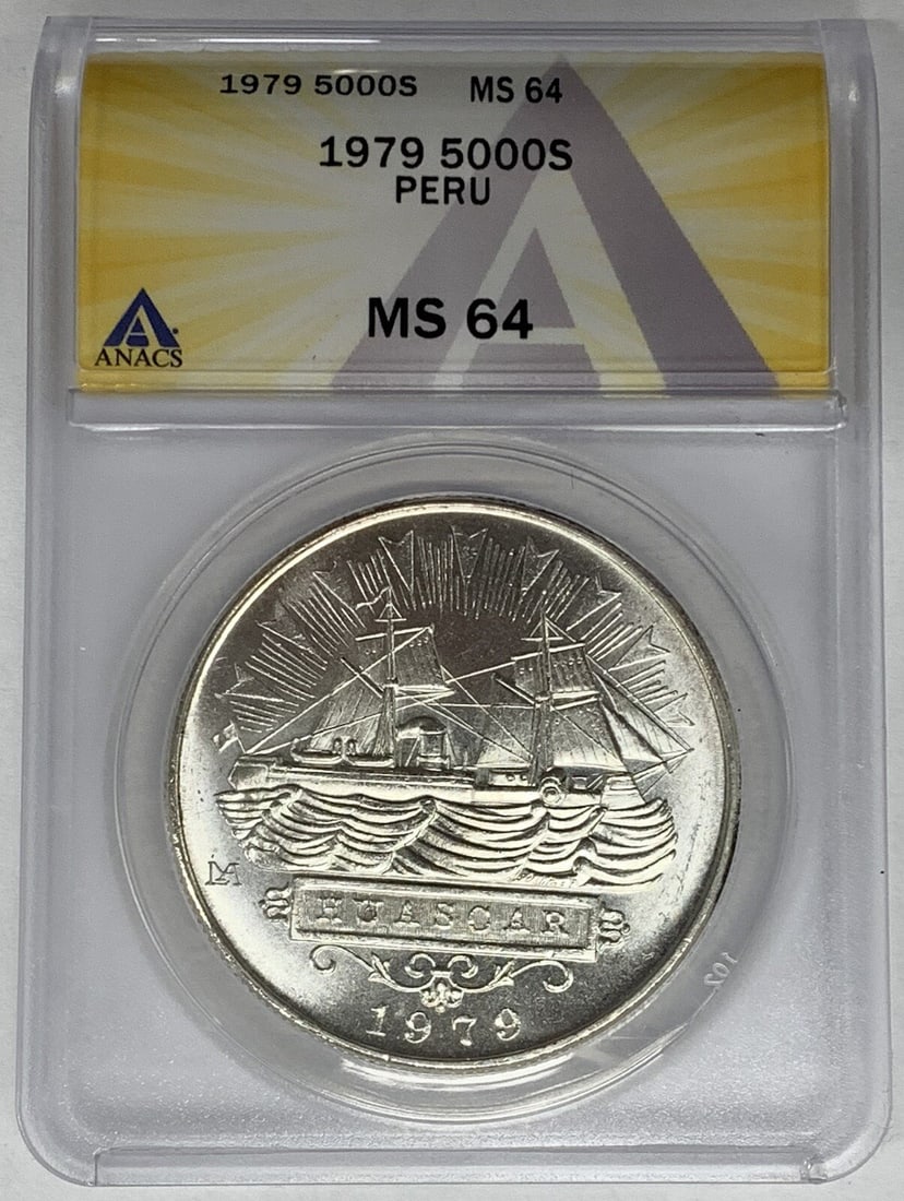 1979 Peru 5000 Soles Silver Coin ANACS MS 64 Uncirculated: 1979 Peru 5000 Soles Silver Coin ANACS MS 64 Uncirculated This 1979 Peru 5000 Soles coin is certified by ANACS with a grade of MS 64, indicating its high quality. It features a silver composition and