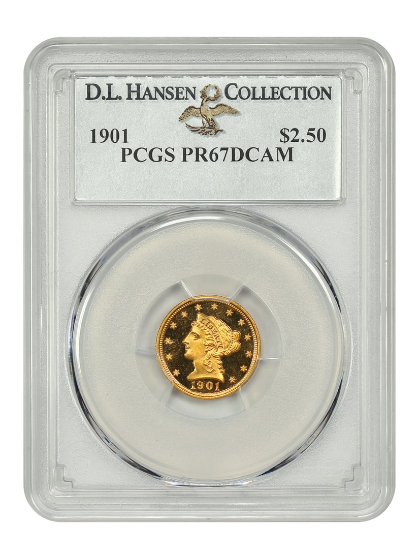 1901 Liberty Head $2.50 Gold Coin PCGS PR67DCAM Ex D.L. Hansen: 1901 Liberty Head $2.50 Gold Coin PCGS PR67DCAM Ex D.L. Hansen This stunning 1901 Liberty Head $2.50 coin is certified by PCGS with a grade of PR67DCAM, indicating it is uncirculated and boasts except