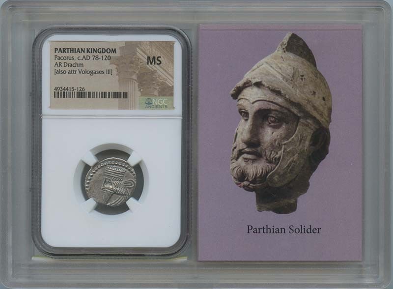 Pacorus AR Drachm c.AD 78-120 NGC MS60 Certified Coin: Pacorus AR Drachm c.AD 78-120 NGC MS60 Certified Coin This is a silver drachm from the Parthian Kingdom, issued during the reign of King Pacorus, circa AD 78-120. It has been certified by NGC with a g