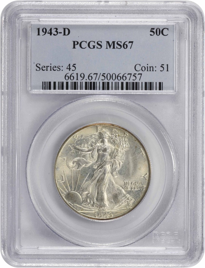 1943-D Walking Liberty Half Dollar MS67 PCGS Uncirculated Silver Coin: 1943-D Walking Liberty Half Dollar MS67 PCGS Uncirculated Silver Coin This stunning 1943-D Walking Liberty Silver Half Dollar is graded MS67 by PCGS, ensuring its exceptional quality. Minted in Denver