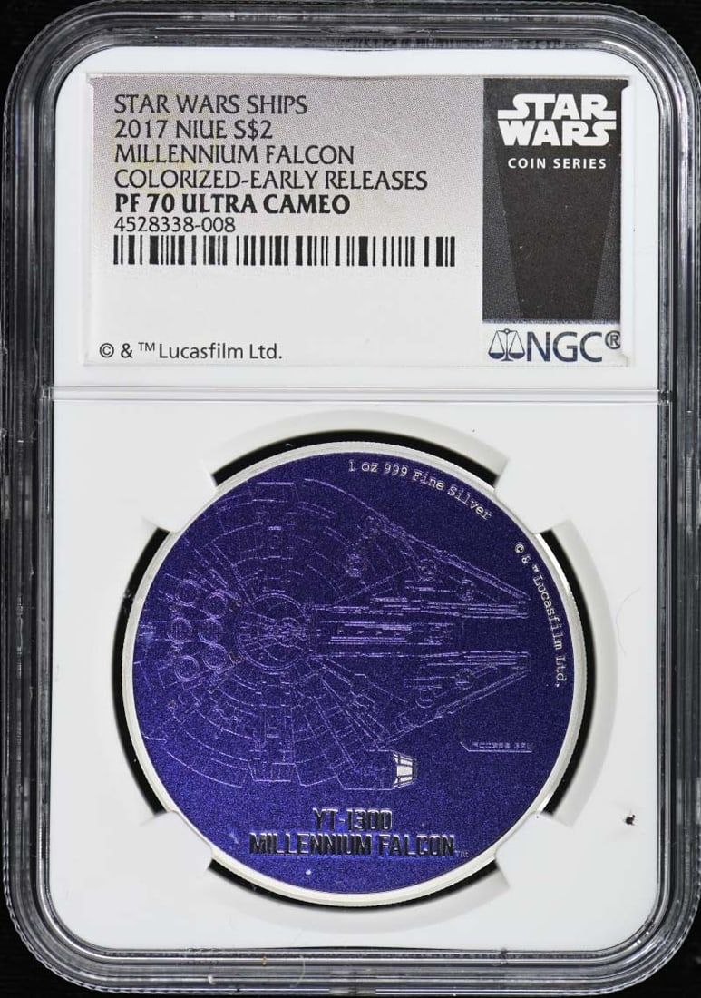 2017 Niue Millennium Falcon Colorized S$2 NGC PR70DCAM Coin: 2017 Niue Millennium Falcon Colorized S$2 NGC PR70DCAM Coin This stunning 2017 Niue Millennium Falcon coin is an exceptional collectible, featuring a colorized design that celebrates the iconic spacec