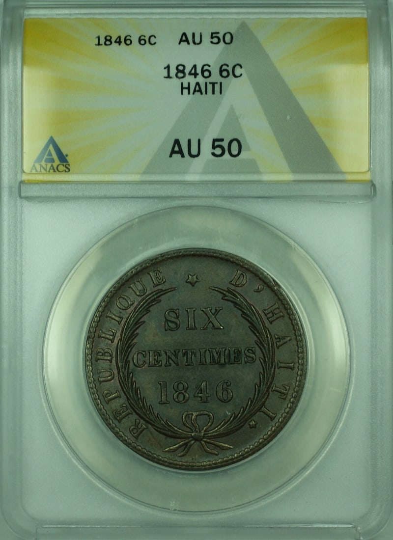 1846 Haiti 6 Centimes Copper Coin ANACS AU-50 KM#28: 1846 Haiti 6 Centimes Copper Coin ANACS AU-50 KM#28 This 1846 6 Centimes coin from Haiti is an exceptional piece for collectors. Certified by ANACS with a grade of AU-50, this coin is composed of copp