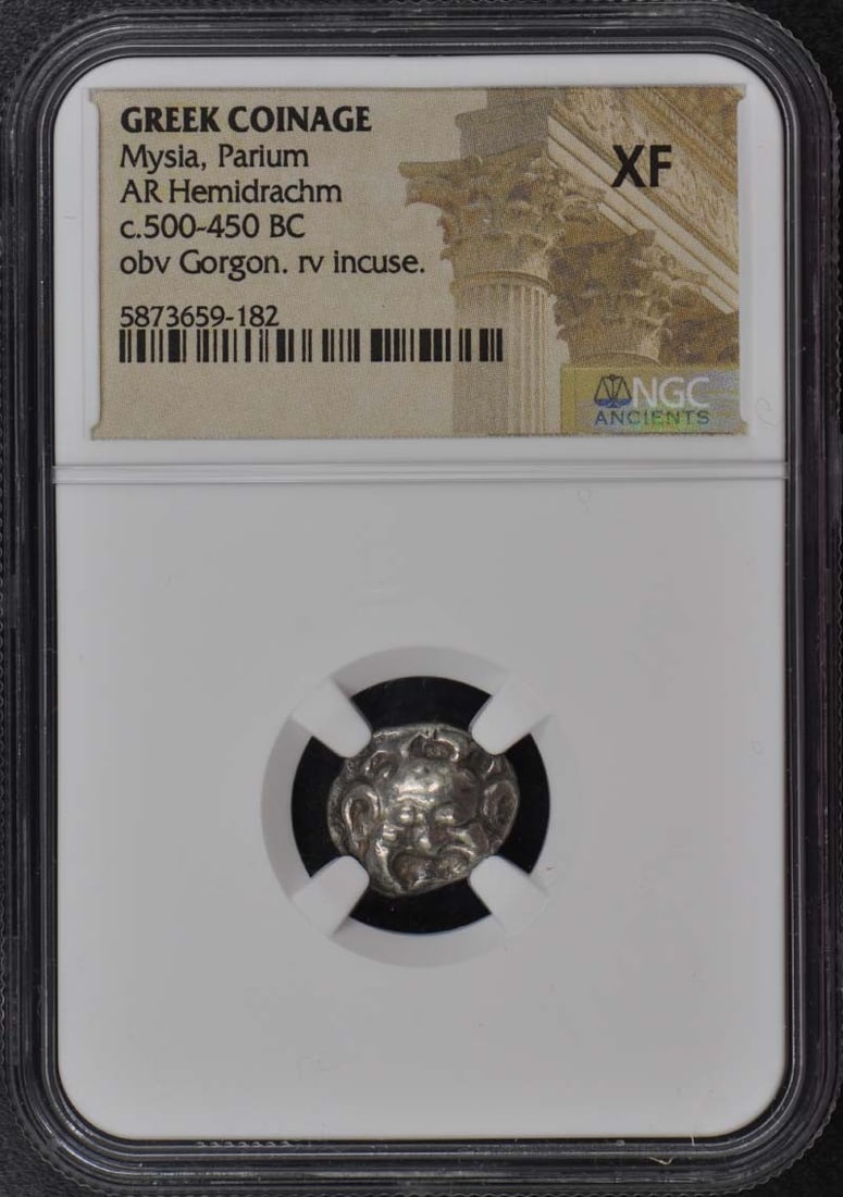 Mysia Parium c.500-450BC Greek AR Hemidrachm NGC XF45 Certified: Mysia Parium c.500-450BC Greek AR Hemidrachm NGC XF45 Certified This ancient Greek AR Hemidrachm from Mysia Parium dates back to circa 500-450 BC. It is certified by NGC with a grade of XF45, indicati