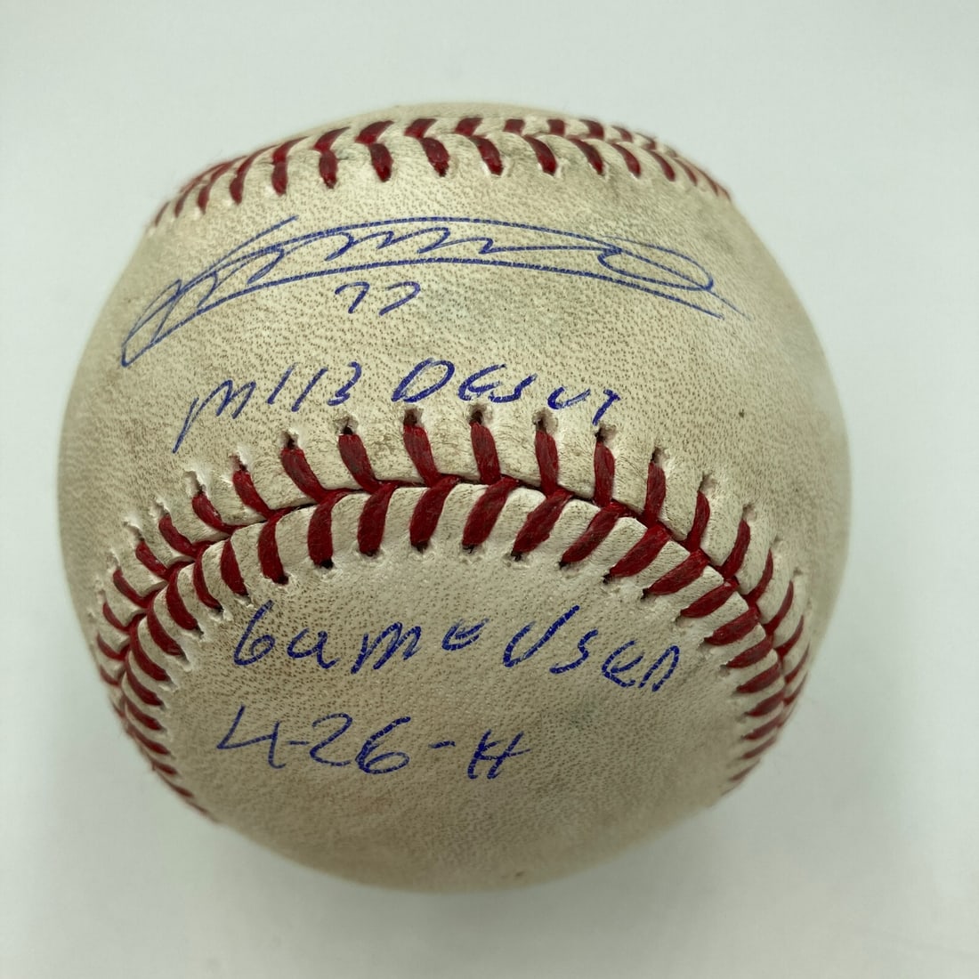 Vladimir Guerrero Jr. Signed MLB Debut Game Used Baseball JSA COA Inscribed 4-26-2019: Vladimir Guerrero Jr. Signed MLB Debut Game Used Baseball JSA COA Inscribed 4-26-2019 Celebrate the remarkable debut of Vladimir Guerrero Jr. with this rare game-used baseball. This special item featu