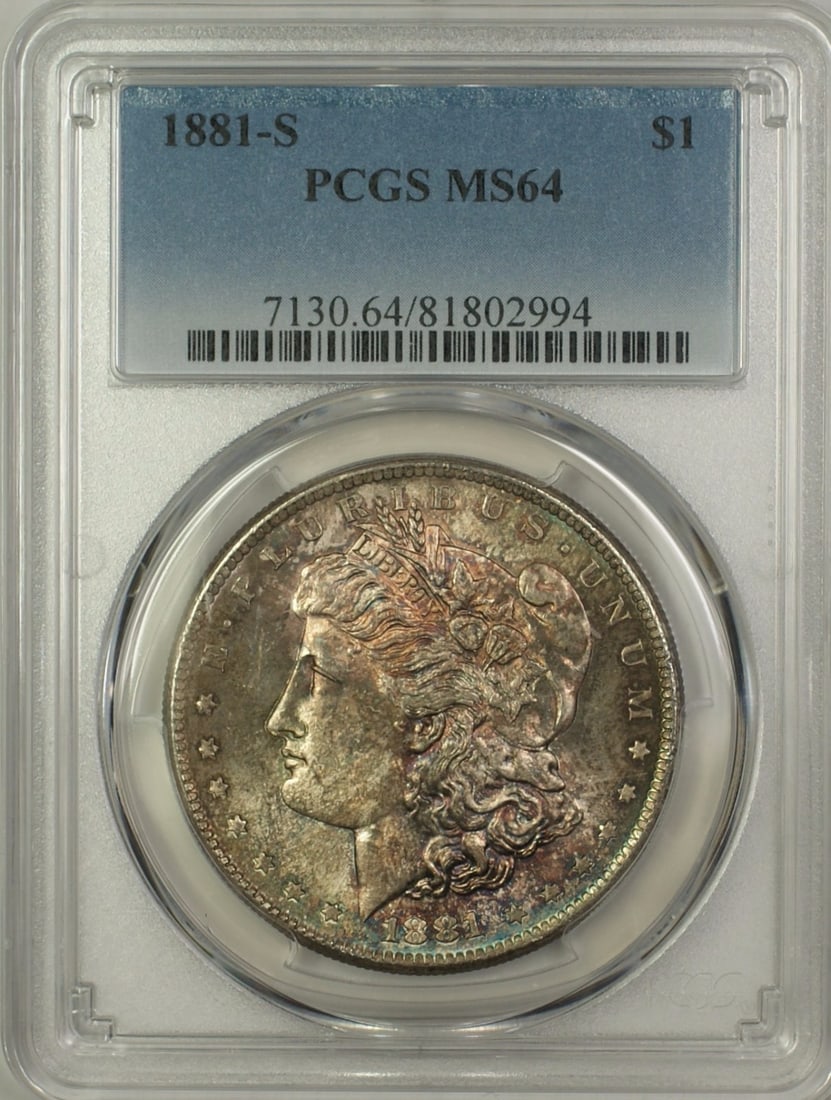 1881-S Morgan Silver Dollar Coin PCGS MS-64 Uncirculated: 1881-S Morgan Silver Dollar Coin PCGS MS-64 Uncirculated This 1881-S Morgan Silver Dollar is a stunning example of American numismatic history. Graded MS 64 by PCGS, this uncirculated coin features a