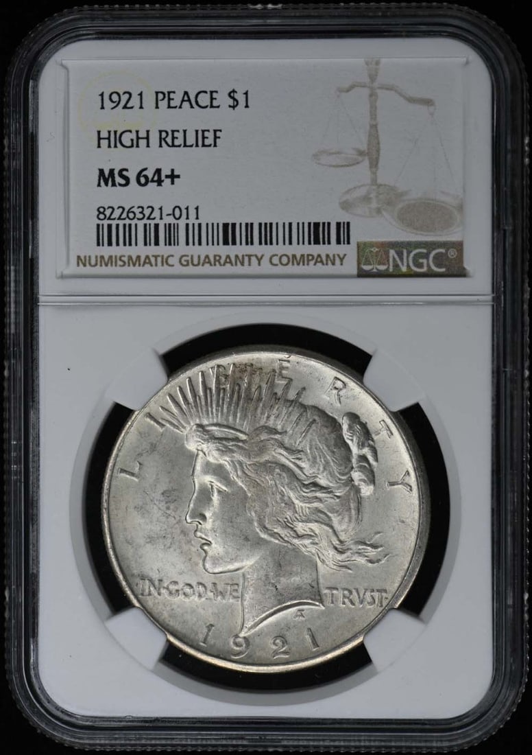 1921 Peace Dollar High Relief NGC MS64+ Uncirculated Coin: 1921 Peace Dollar High Relief NGC MS64+ Uncirculated Coin This 1921 Peace Dollar is a remarkable example of high relief coinage, certified by NGC with a grade of MS64+. It was minted in Philadelphia a