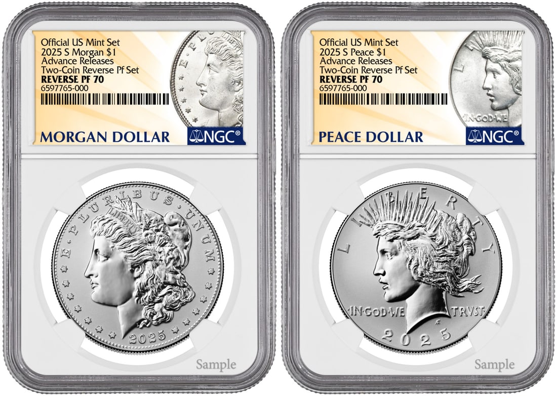 2025-S Reverse Proof Morgan Peace Silver Dollar 2 Coin Set NGC PR 70 (1 of 2)