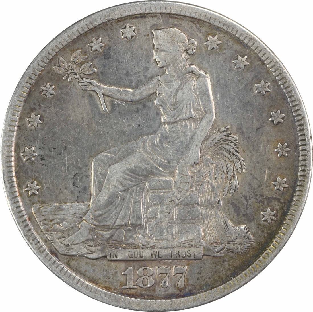 1877-S Trade Silver Dollar VF Uncertified San Francisco 90% Silver: 1877-S Trade Silver Dollar VF Uncertified San Francisco 90% Silver This 1877-S Trade Silver Dollar showcases a vintage design by William Barber, embodying a piece of history from the San Francisco Min