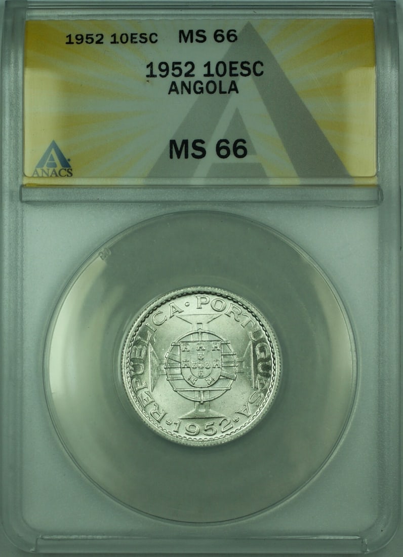 1952 Angola 10 Escudos Silver Coin ANACS MS 66 Certified: 1952 Angola 10 Escudos Silver Coin ANACS MS 66 Certified This 1952 10 Escudos coin from Angola is a remarkable piece for collectors, featuring an uncirculated condition with a high grade of MS 66 cert
