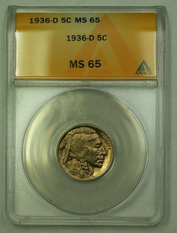 1936-D Buffalo Nickel 5c ANACS MS-65 Uncirculated Coin: 1936-D Buffalo Nickel 5c ANACS MS-65 Uncirculated Coin This 1936-D Buffalo Nickel, certified by ANACS as MS-65, is a remarkable piece hailing from the Denver Mint. With its uncirculated condition, thi