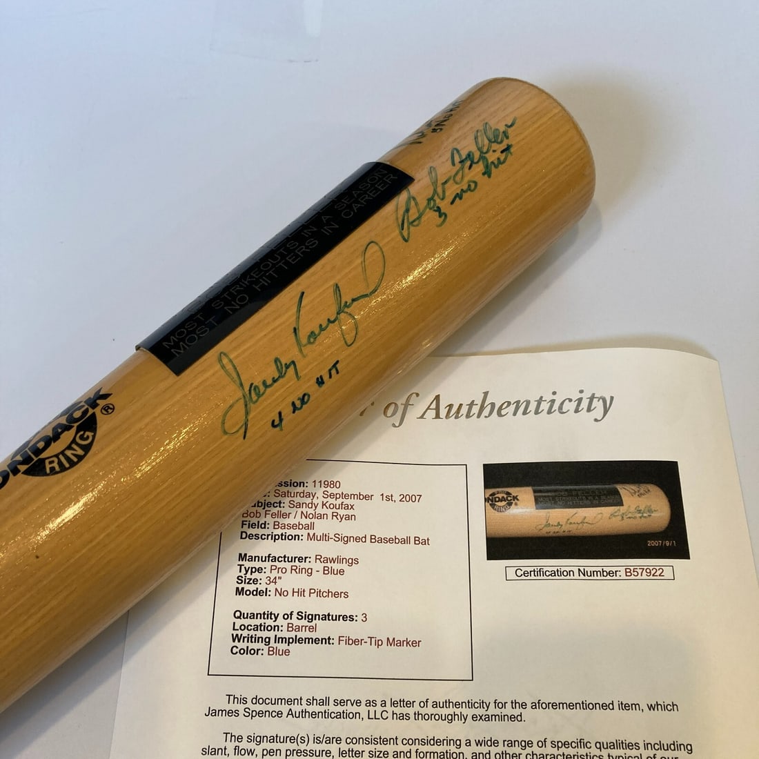 Nolan Ryan Sandy Koufax Bob Feller Signed No Hitter Bat JSA COA: Nolan Ryan Sandy Koufax Bob Feller Signed No Hitter Bat JSA COA Celebrate the remarkable achievements of baseball legends with this multi-signed no-hitter bat, titled "The No Hitter Bat". This like-ne