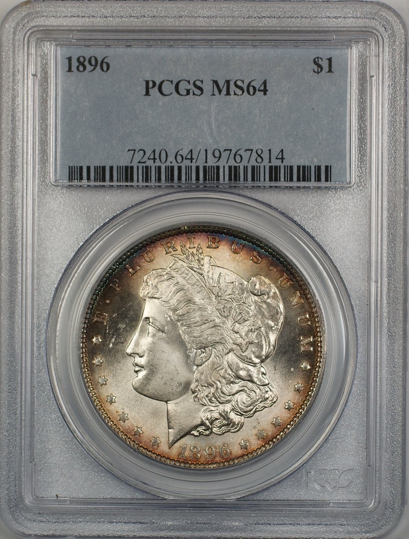1896 Morgan Silver Dollar PCGS MS 64 Beautiful Toning: 1896 Morgan Silver Dollar PCGS MS 64 Beautiful Toning This stunning 1896 Morgan Silver Dollar, graded MS-64 by PCGS, showcases beautiful toning and is a remarkable addition for any coin collector. Str