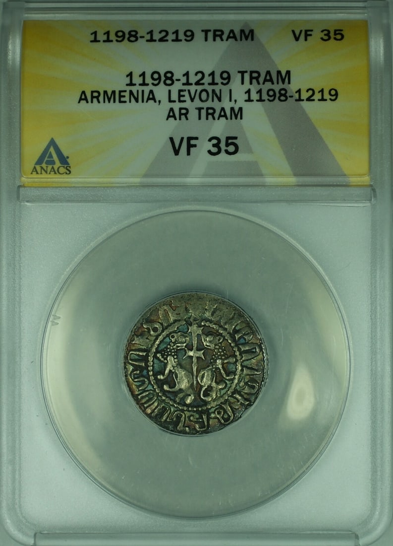 Levon I AR Tram Coin 1198-1219 Certified ANACS VF 35: Levon I AR Tram Coin 1198-1219 Certified ANACS VF 35 This is a remarkable silver Tram coin from Armenia, minted during the reign of Levon I between 1198 and 1219. The coin is certified by ANACS with a