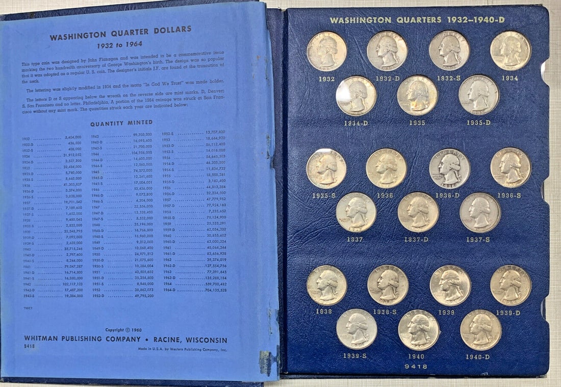 1932-1964 Washington Silver Quarters Complete Set in Whitman Album (1 of 6)