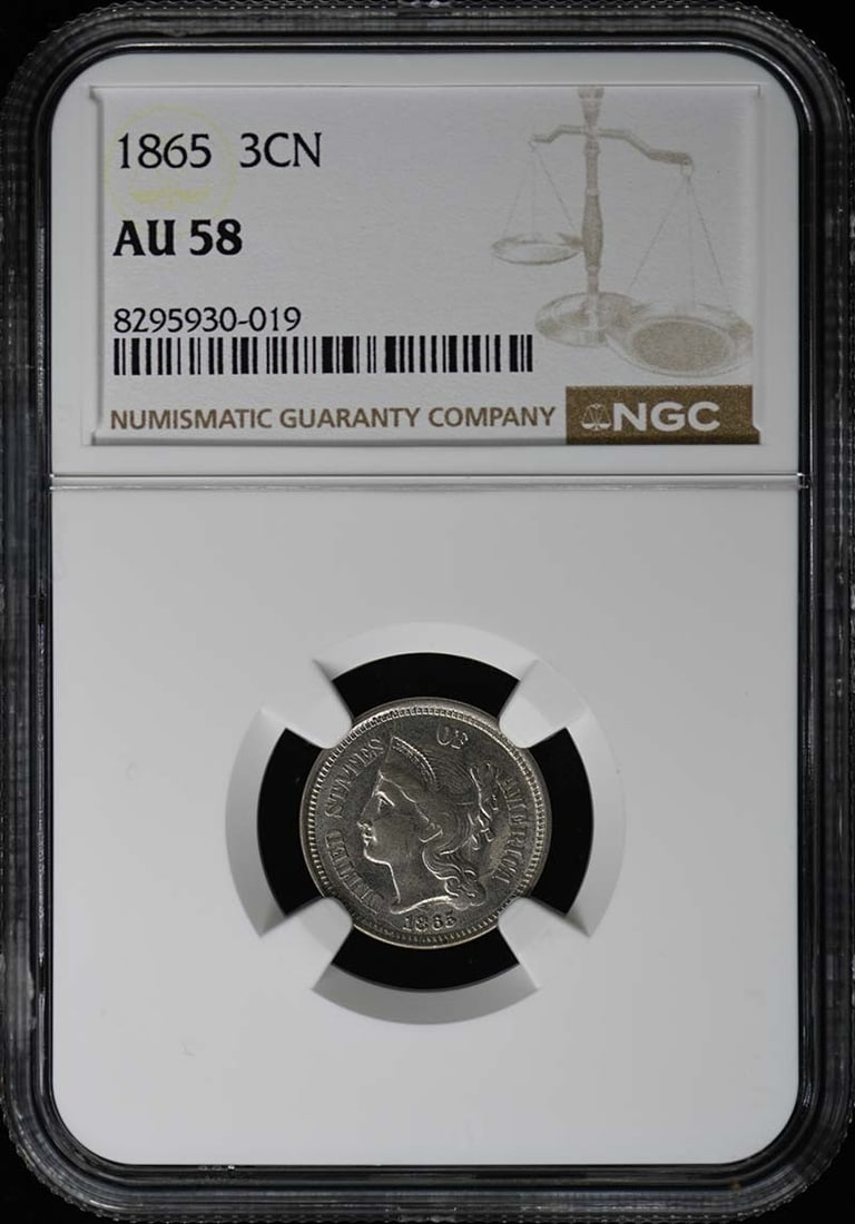 1865 NGC AU58 Three Cent Nickel Coin Copper Nickel Philadelphia (1 of 4)