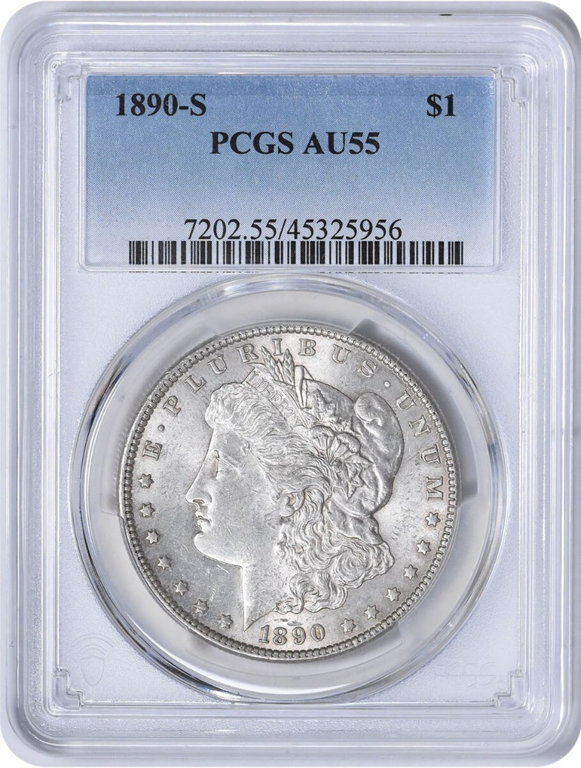 1890-S Morgan Silver Dollar AU55 PCGS Certified Silver Coin: 1890-S Morgan Silver Dollar AU55 PCGS Certified Silver Coin This 1890-S Morgan Silver Dollar features a rich history and exceptional craftsmanship. Struck at the San Francisco Mint, this coin is compo