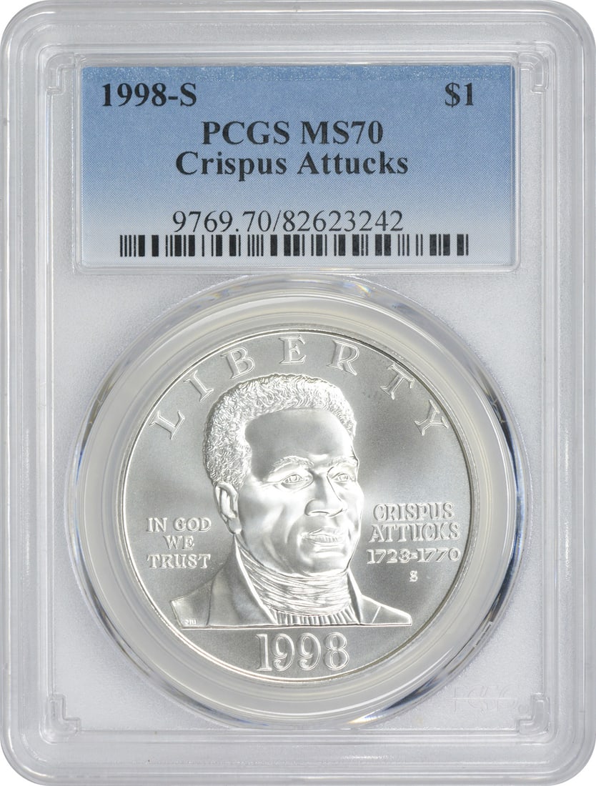1998-S Black Patriot Crispus Attucks Commemorative Dollar MS70 PCGS Silver: 1998-S Black Patriot Crispus Attucks Commemorative Dollar MS70 PCGS Silver This 1998-S Black Patriot Crispus Attucks Commemorative Dollar is a stunning tribute to American history, graded MS70 by PCGS