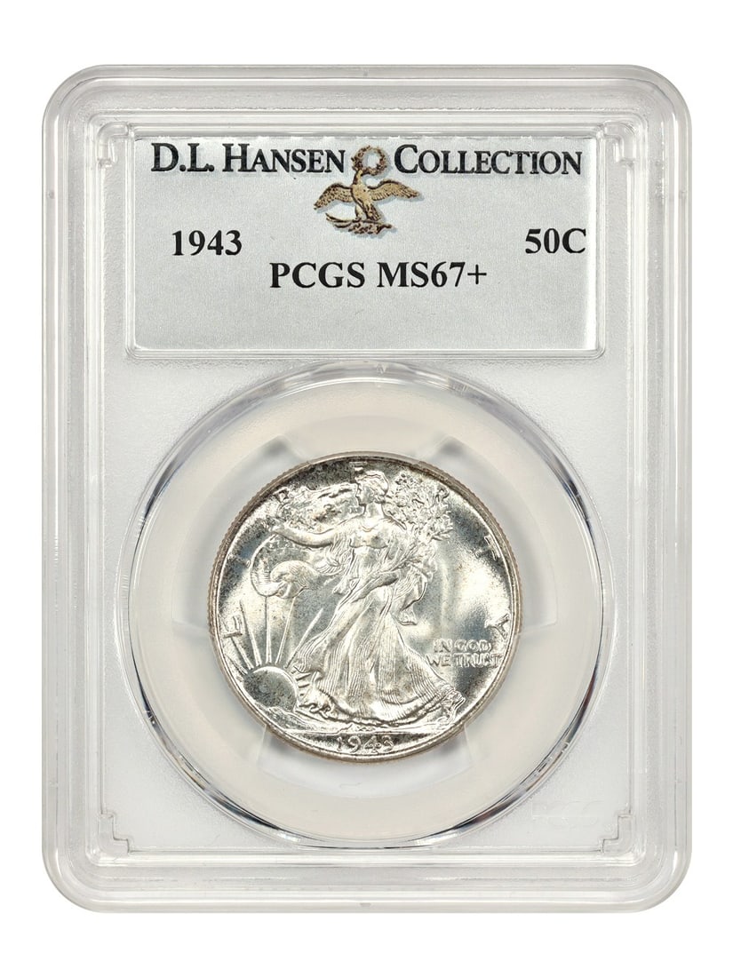 PCGS MS67 Plus 1943 Walking Liberty Half Dollar ex D L Hansen: PCGS MS67 Plus 1943 Walking Liberty Half Dollar ex D L Hansen This 1943 Walking Liberty Half Dollar features the PCGS MS67+ grade, indicating its outstanding uncirculated condition. The coin was minte
