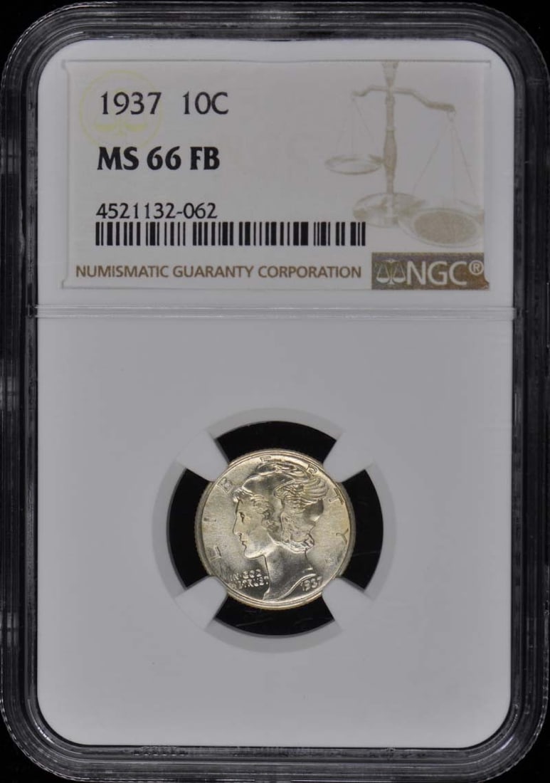 1937 Mercury Dime NGC MS66FB Uncirculated Philadelphia Coin: 1937 Mercury Dime NGC MS66FB Uncirculated Philadelphia Coin This listing features a 1937 Mercury Dime, graded as MS66FB by NGC, ensuring its high quality and preservation. The coin is uncirculated, in
