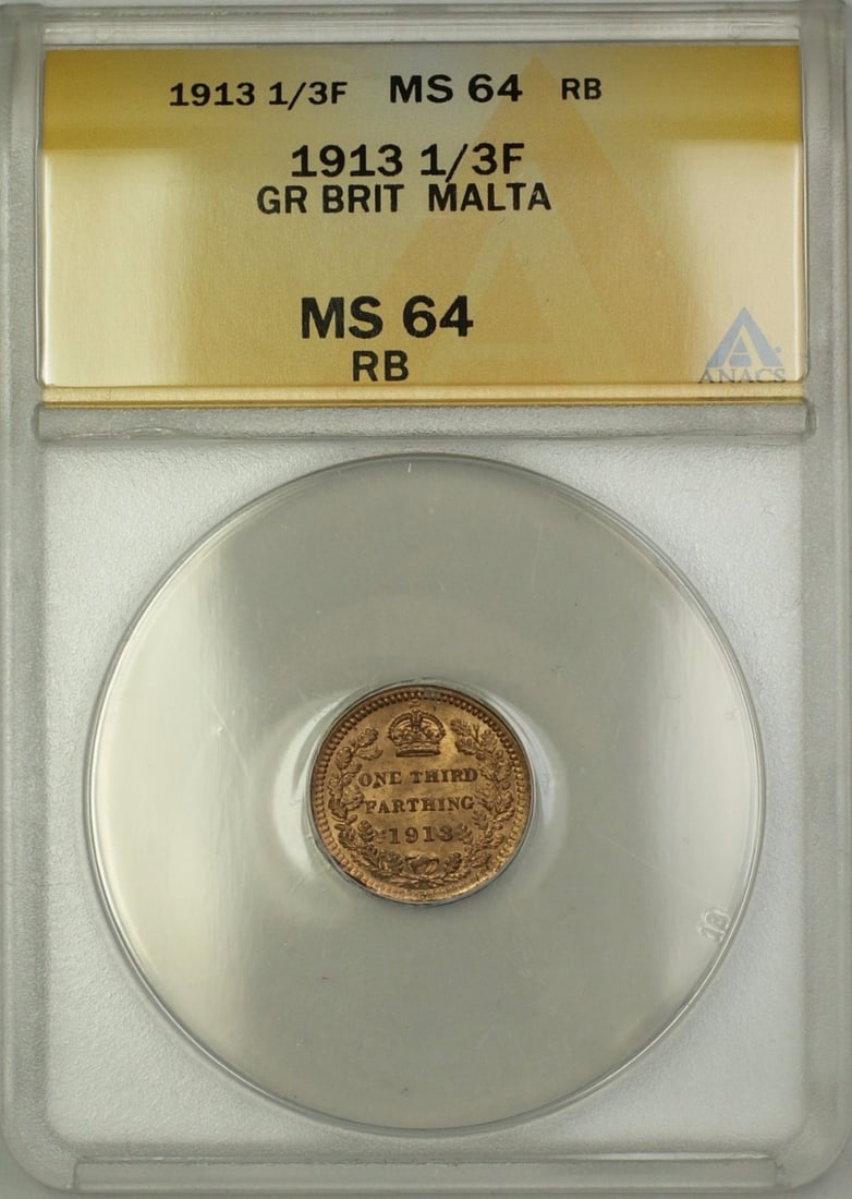 1913 Great Britain Malta 1/3F Copper Coin ANACS MS-64 RB: 1913 Great Britain Malta 1/3F Copper Coin ANACS MS-64 RB This 1913 Great Britain Malta 1/3F (One Third Farthing) copper coin is in excellent uncirculated condition, graded MS 64 by ANACS. Its composit