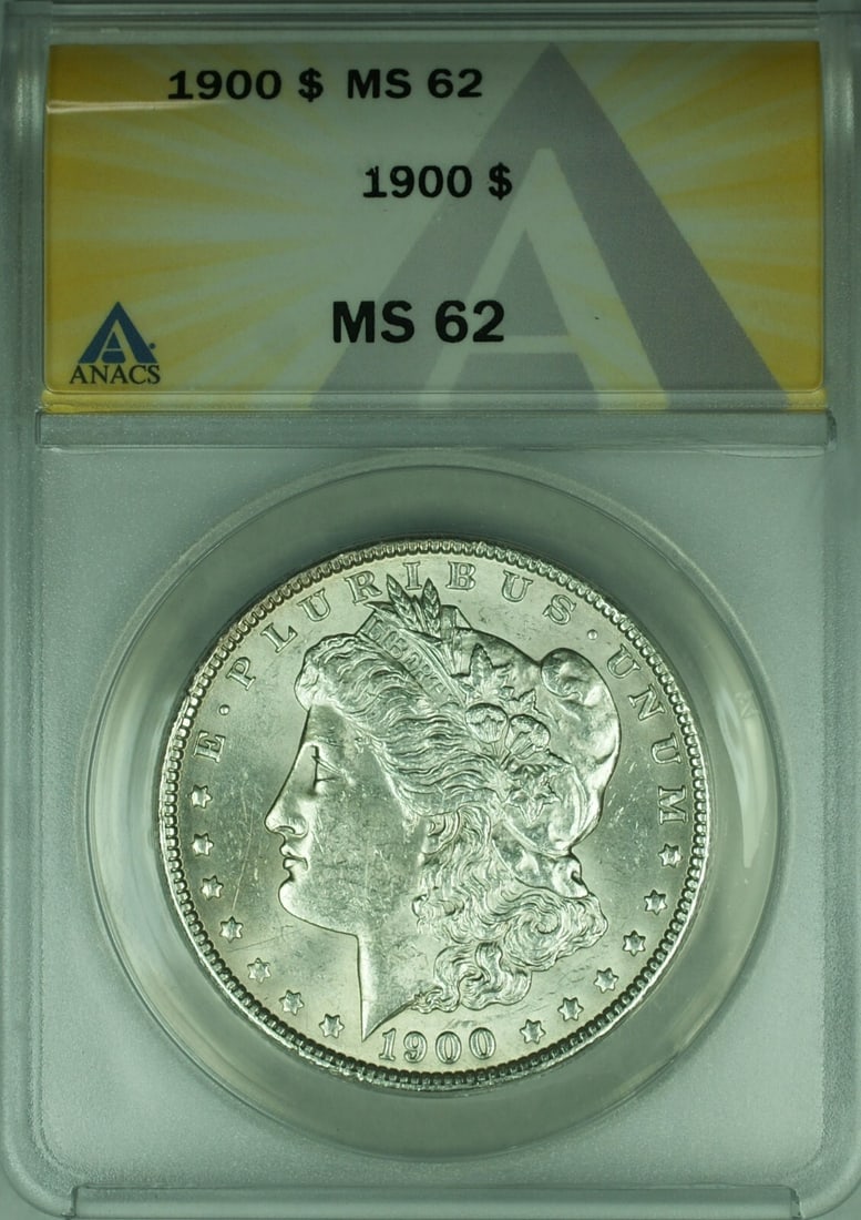 1900 Morgan Silver Dollar ANACS MS-62 Uncirculated Coin: 1900 Morgan Silver Dollar ANACS MS-62 Uncirculated Coin This stunning 1900 Morgan Silver Dollar is a certified uncirculated coin, graded MS-62 by ANACS. Minted in Philadelphia, this coin features a be